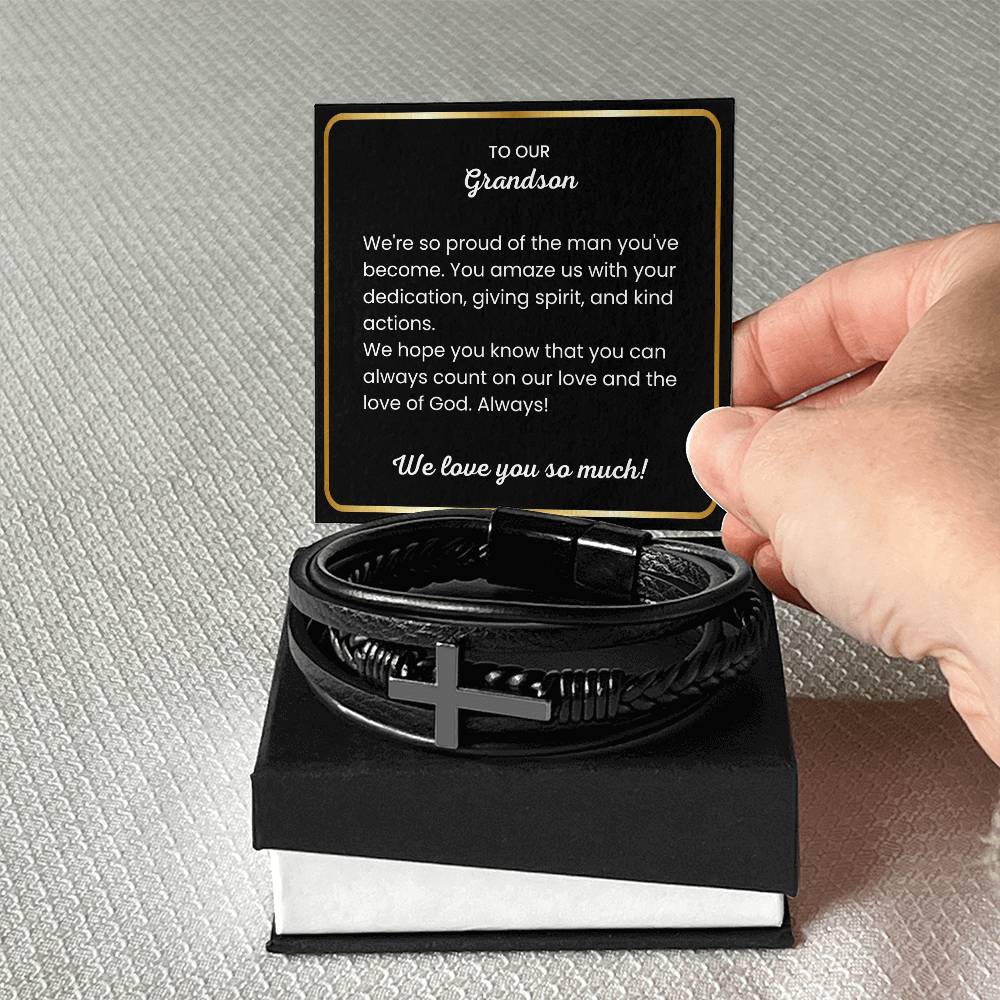 To Our Grandson – Holiday, Birthday, Graduation Gift – Men's Cross Bracelet