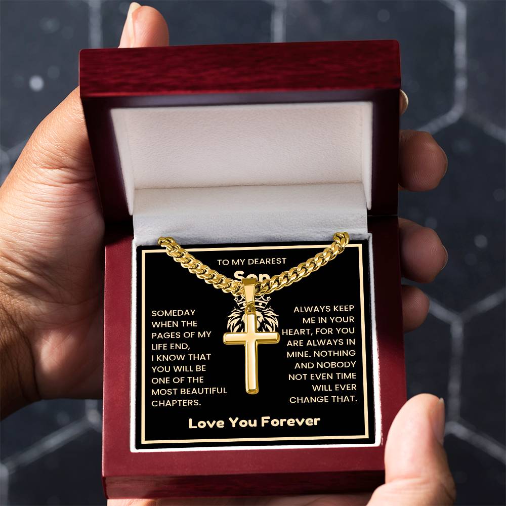 To My Dearest Son Necklace - Gift for Son - Always keep me in your heart - Artisan Cross with Cuban Link Chain