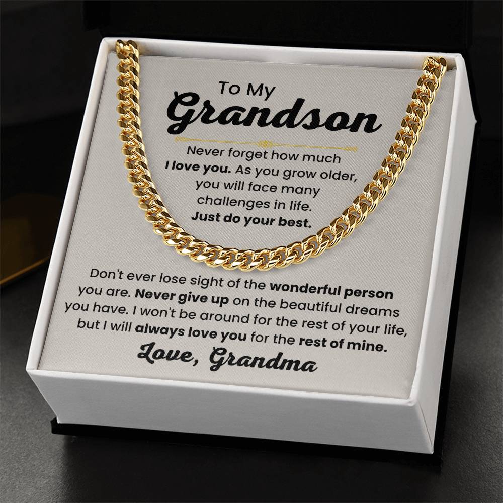 Grandson Necklace Gift from Grandma, Birthday, Graduation & Christmas Jewelry - Cuban Link Chain