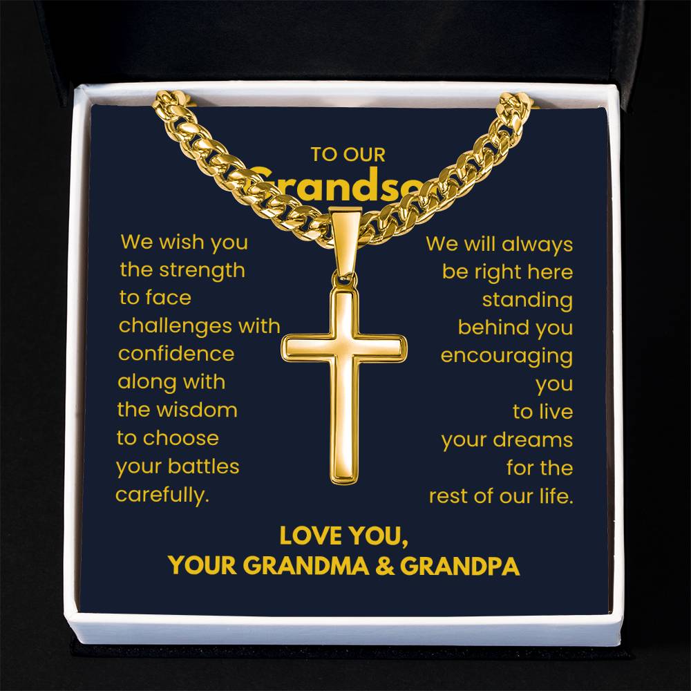 To Our Grandson - Grandson Gift from Grandma and Grandpa - Artisan Cross with Cuban Link Chain