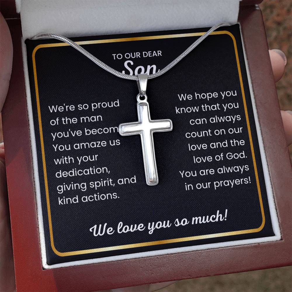 To Our Dear Son - We love you so much - Gift for Son from Mom and Dad - Artisan Cross Necklace