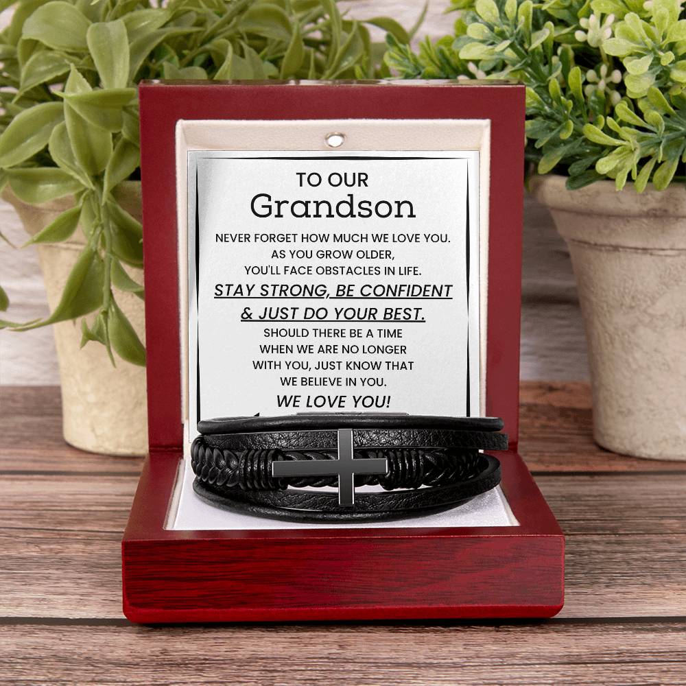 To Our Grandson - Stay Strong, Be Confident & Just Do Your Best - Men's Cross Bracelet from Grandparents