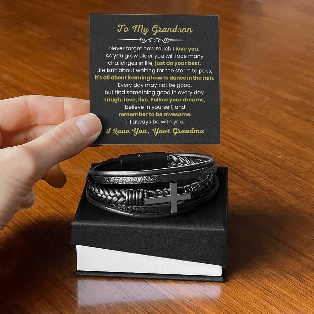 To My Grandson Bracelet – Birthday, Graduation, Christmas Gift from Grandma – Men's Cross Bracelet