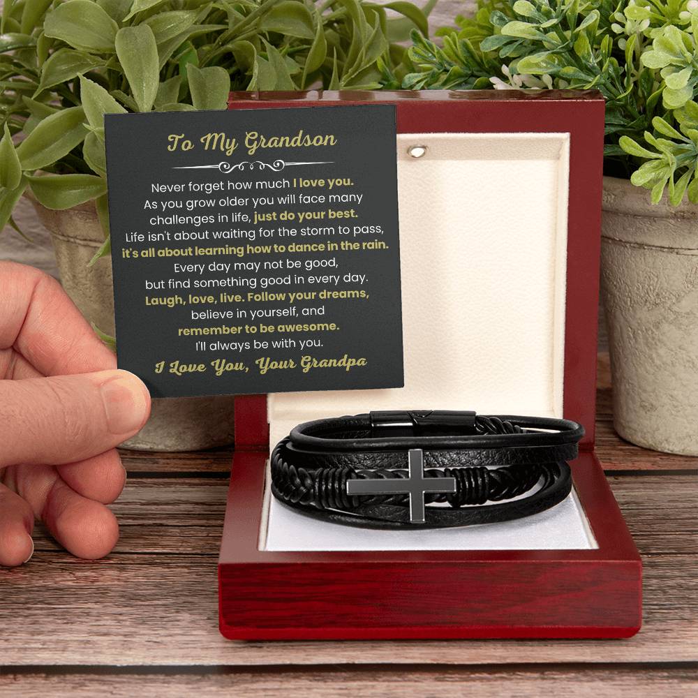 To My Grandson Bracelet – Birthday, Graduation, Christmas Gift from Grandpa – Men's Cross Bracelet