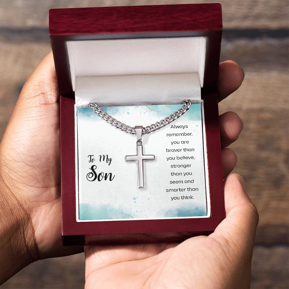 To My Son Necklace - Always Remember - Artisan Cross with Cuban Link Chain