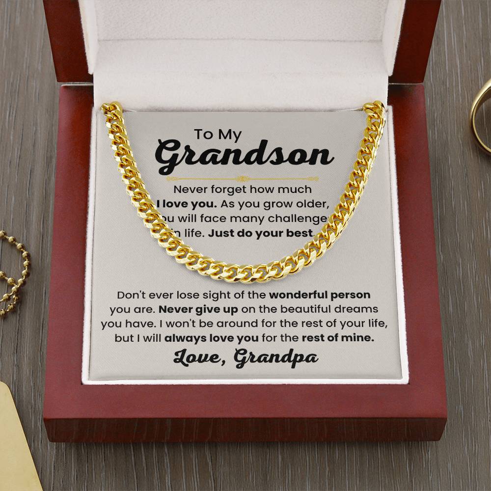 Grandson Necklace Gift from Grandpa, Birthday, Graduation & Christmas Jewelry - Cuban Link Chain