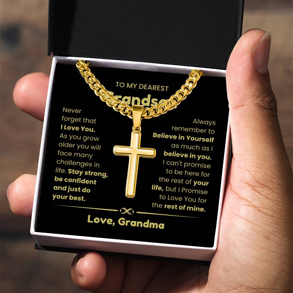 To My Grandson -  Grandson Gift from Grandma - As you grow older you will face many challenges in life - Artisan Cross with Cuban Link Chain