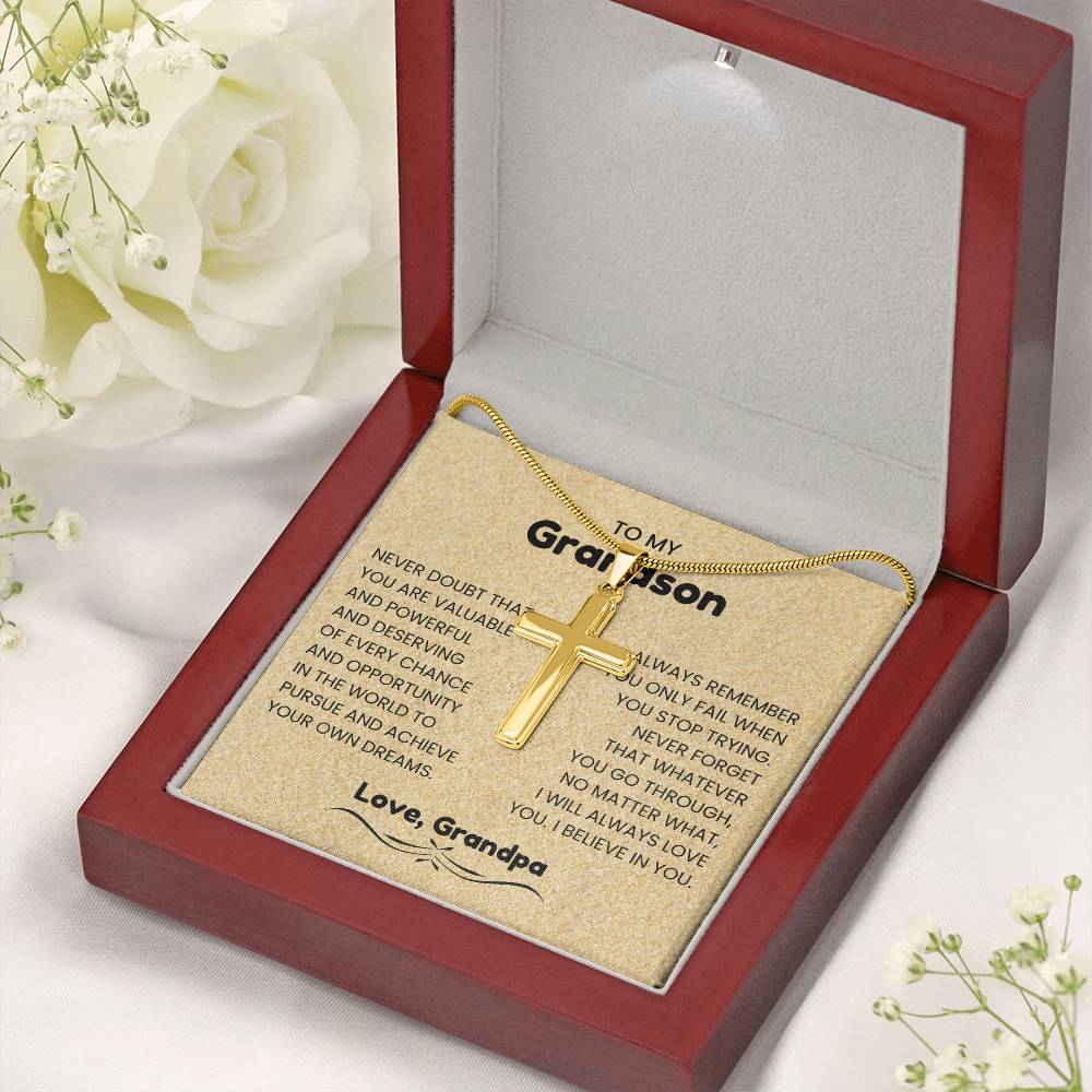 To My Grandson - Gift for Grandson from Grandpa - I will always love you - Artisan Cross Necklace