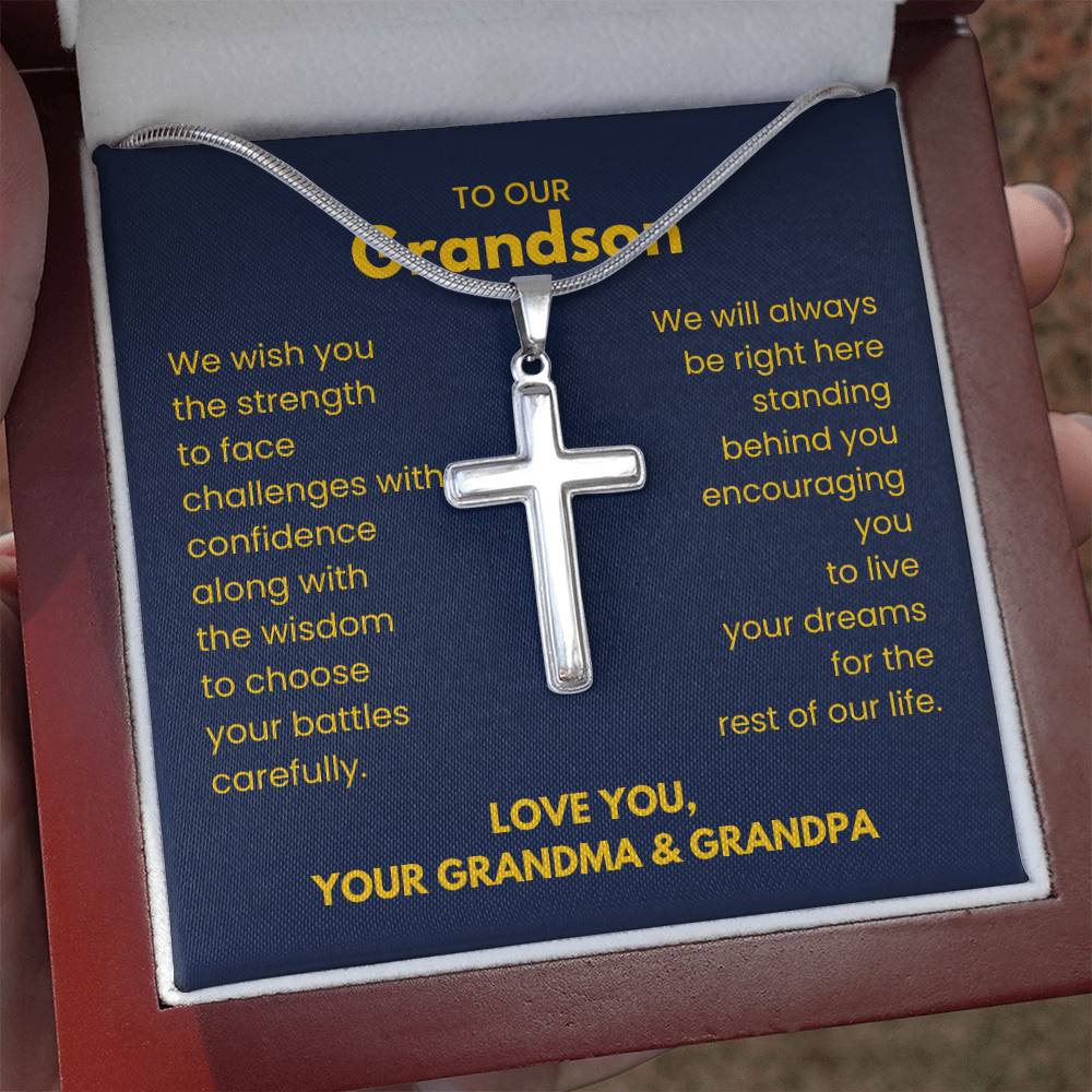 To Our Grandson - Grandson Gift from Grandma and Grandpa - Artisan Cross Necklace