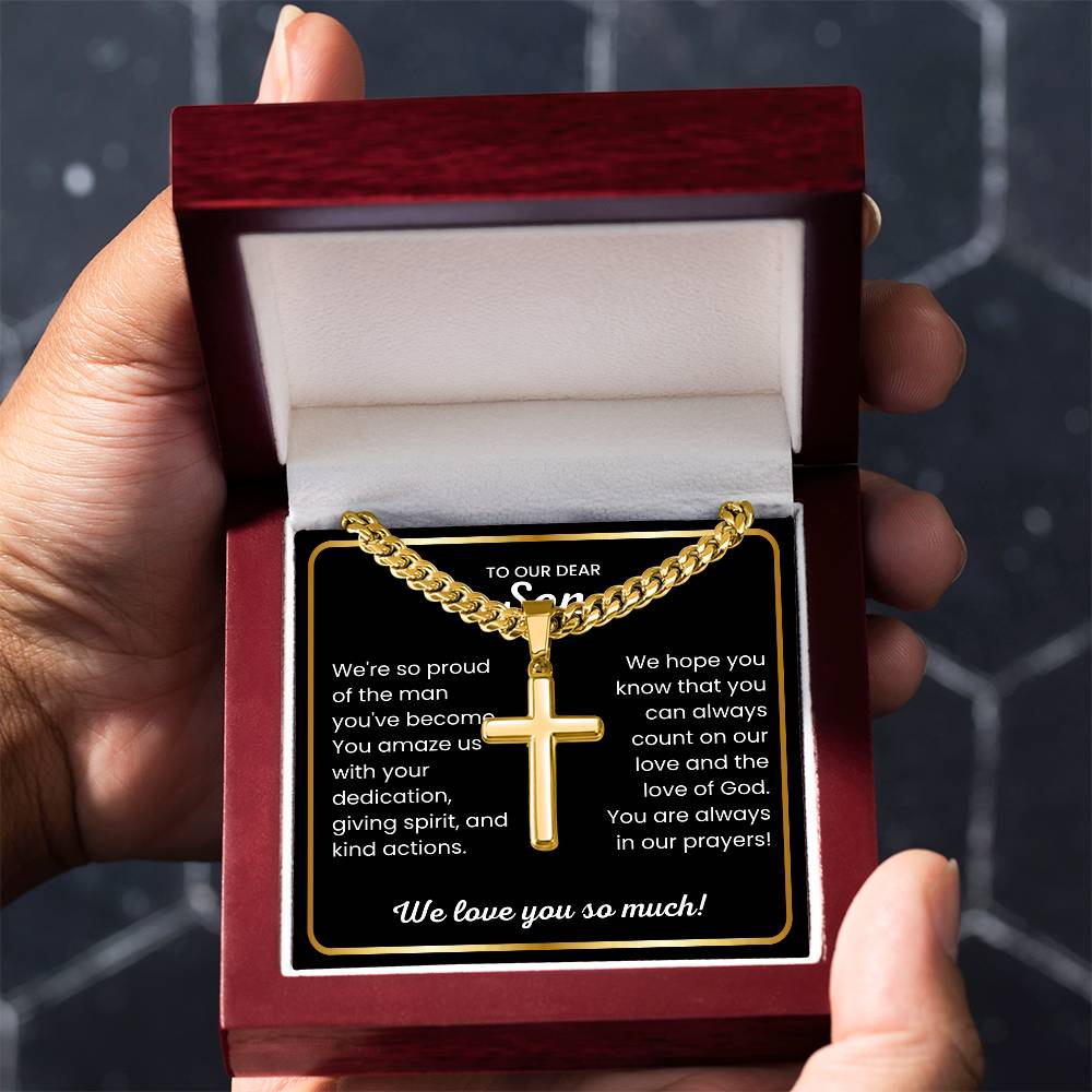 To Our Dear Son - We love you so much - Gift for Son from Mom and Dad - Artisan Cross with Cuban Link Chain