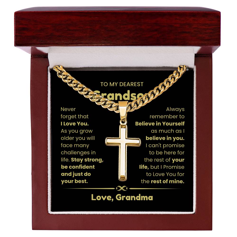 To My Grandson -  Grandson Gift from Grandma - As you grow older you will face many challenges in life - Artisan Cross with Cuban Link Chain