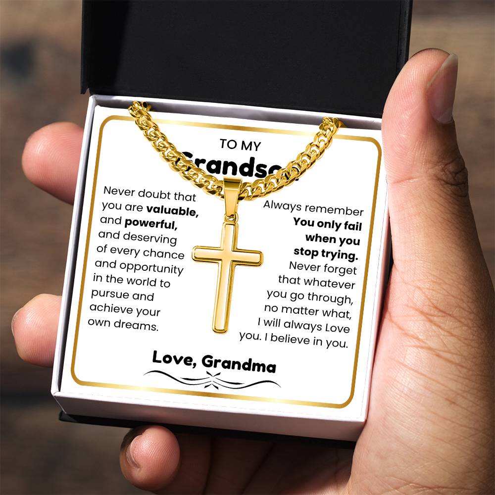 To My Grandson - I believe in you - Grandson Gift from Grandma - Artisan Cross with Cuban Link Chain
