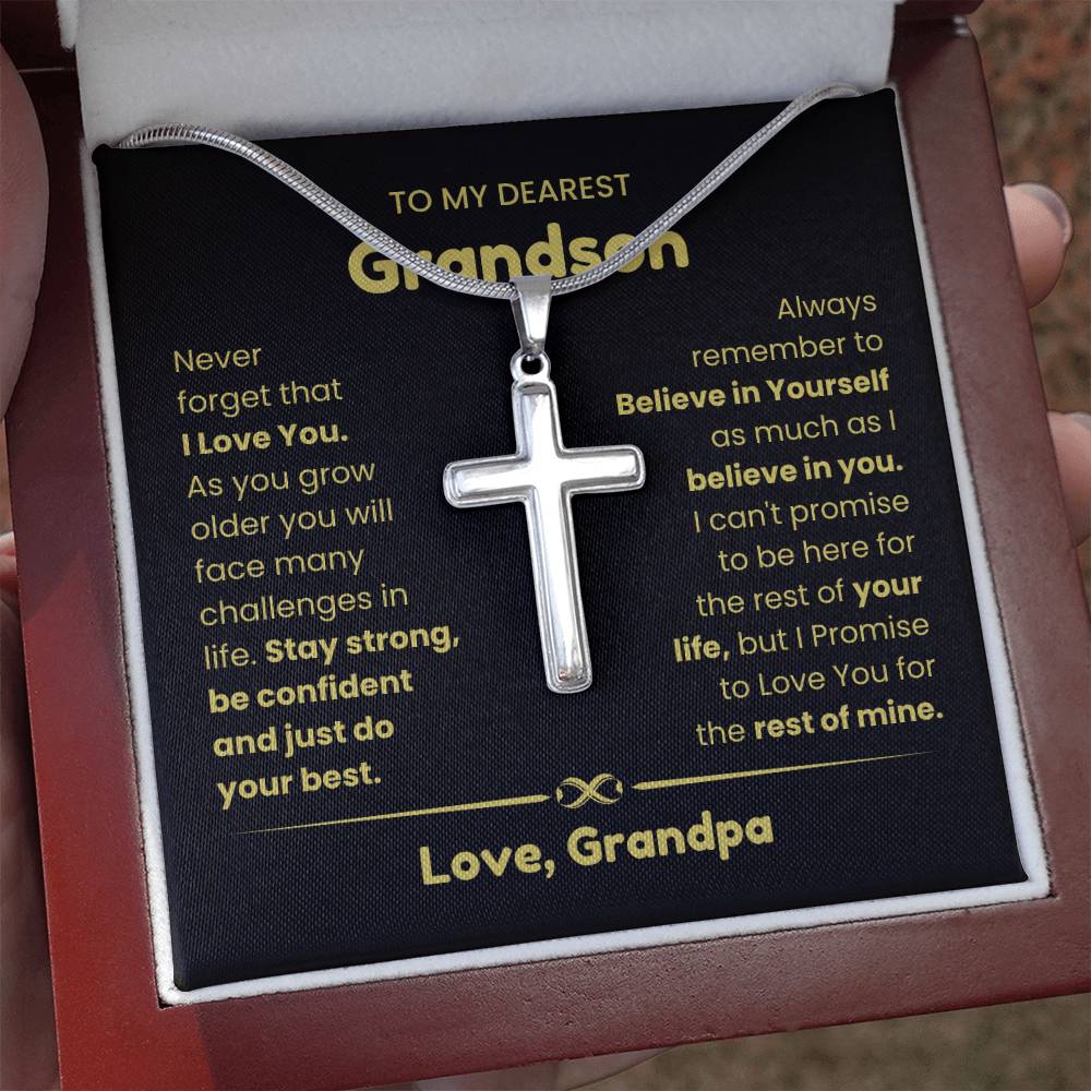 To My Grandson - Grandson Gift from Grandpa - As you grow older you will face many challenges in life - Artisan Cross Necklace
