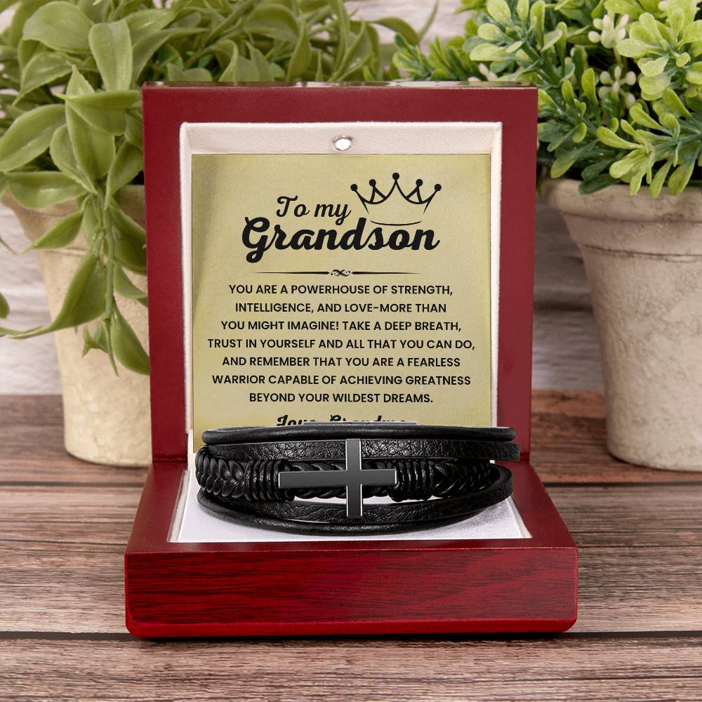 To My Grandson – Graduation, Holiday Gift from Grandma – Men's Cross Bracelet