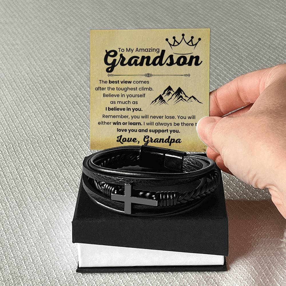 Grandson Gift from Grandpa – Christmas, Graduation, Birthday – Men's Cross Bracelet