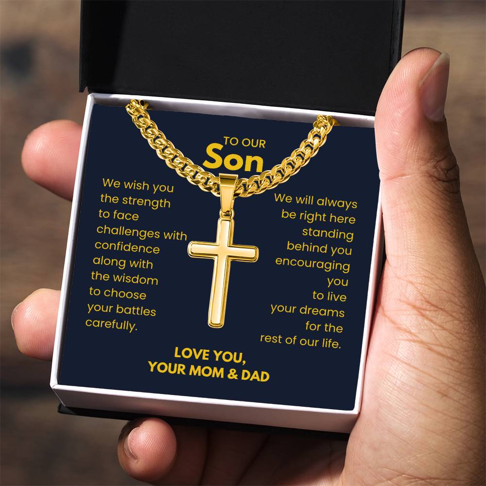 To Our Son - Son Gift from Mom and Dad - Artisan Cross with Cuban Link Chain