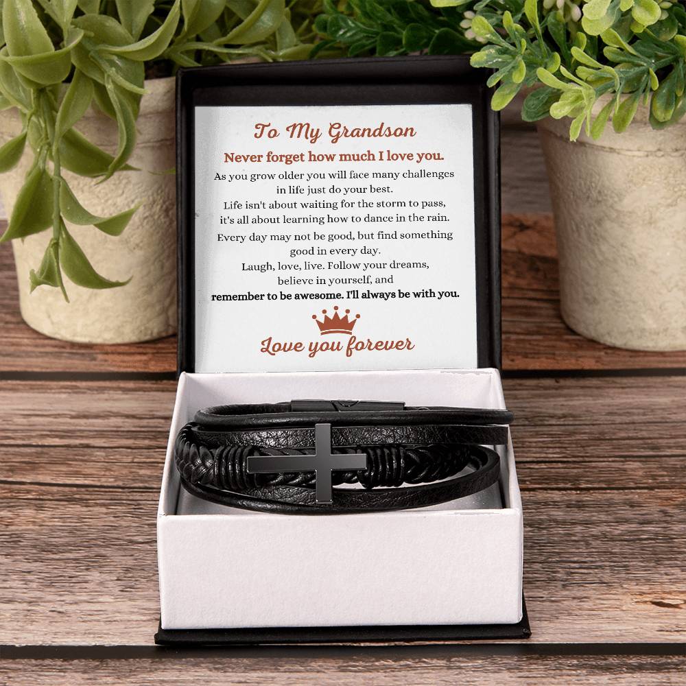 To My Grandson - Gift for Grandson - Never forget how much I love you - Men's Cross Bracelet