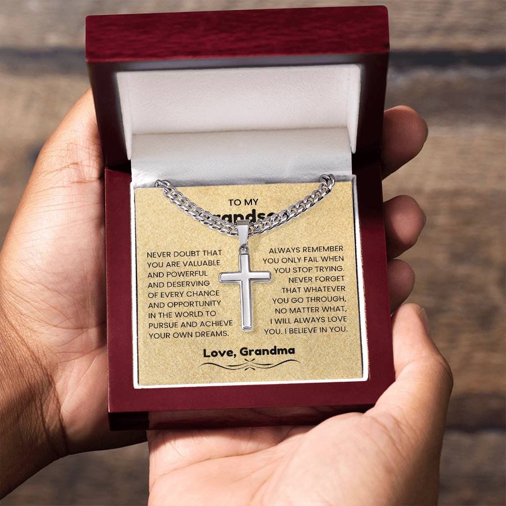 To My Grandson - Gift for Grandson from Grandma - I will always love you - Artisan Cross with Cuban Link Chain