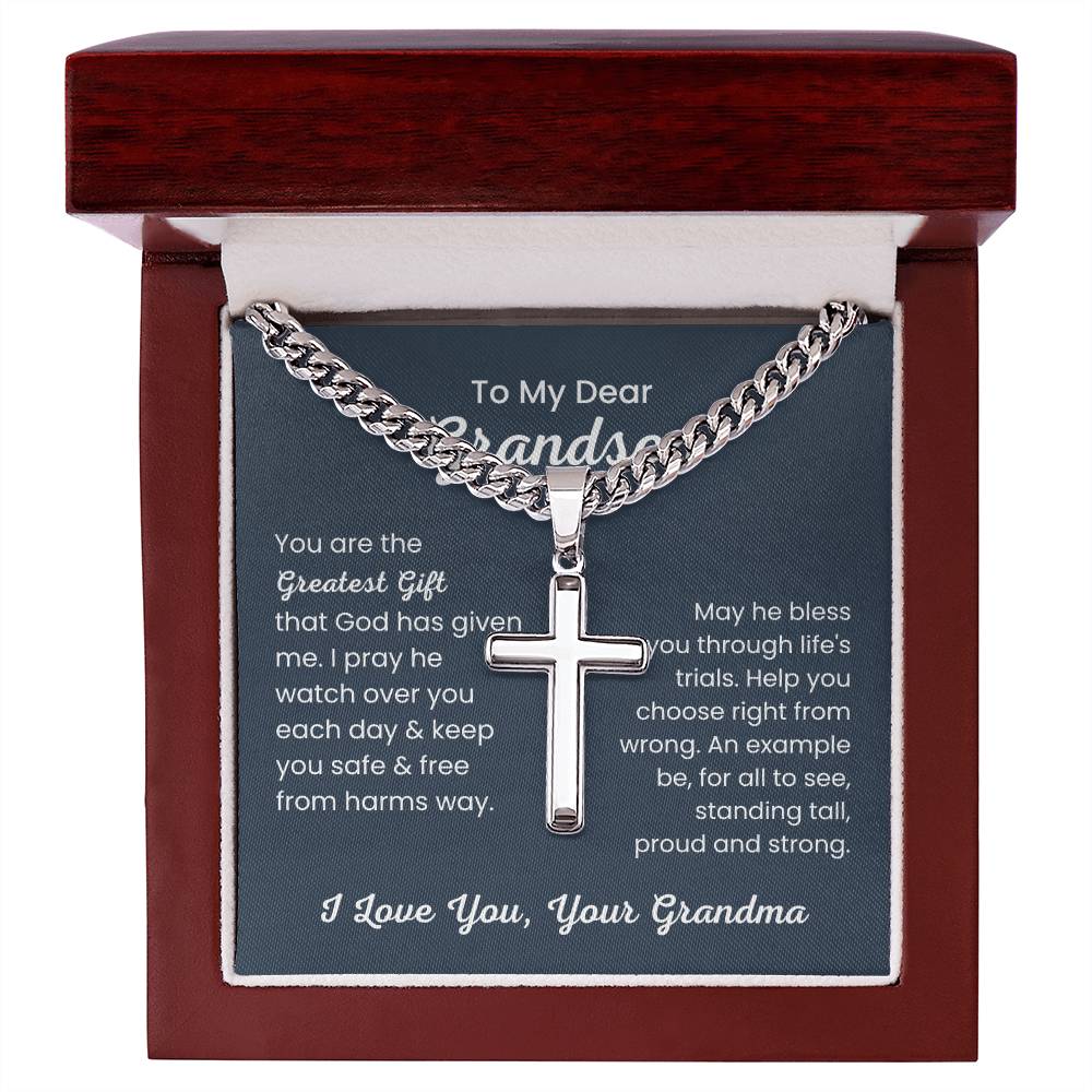 To Dear My Grandson - You are the greatest gift - Gift for Grandson from Grandma - Artisan Cross with Cuban Link Chain