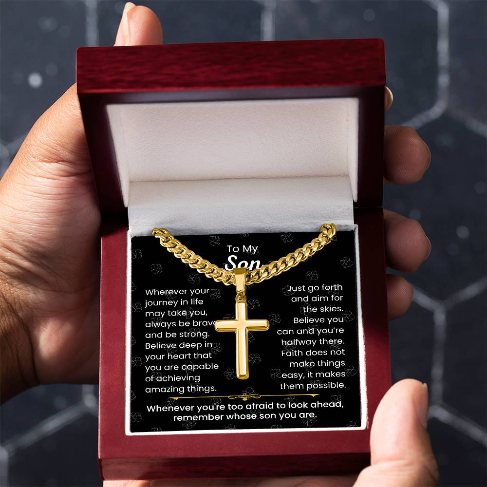 To My Son - Always be brave and be strong - Gift for Son - Artisan Cross with Cuban Link Chain