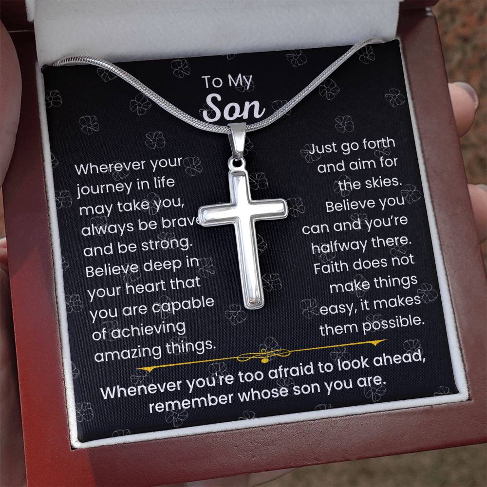 To My Son - Always be brave and be strong - Gift for Son - Artisan Cross Necklace