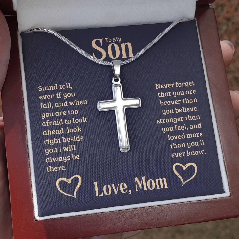 To My Son - Gift for Son from Mom - You are braver than you believe - Artisan Cross Necklace