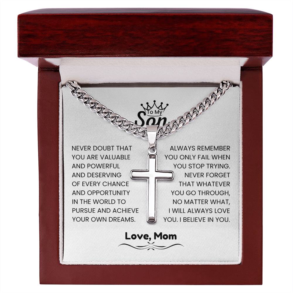 To My Son - Gift for Son from Mom - I will always love you - Artisan Cross with Cuban Link Chain