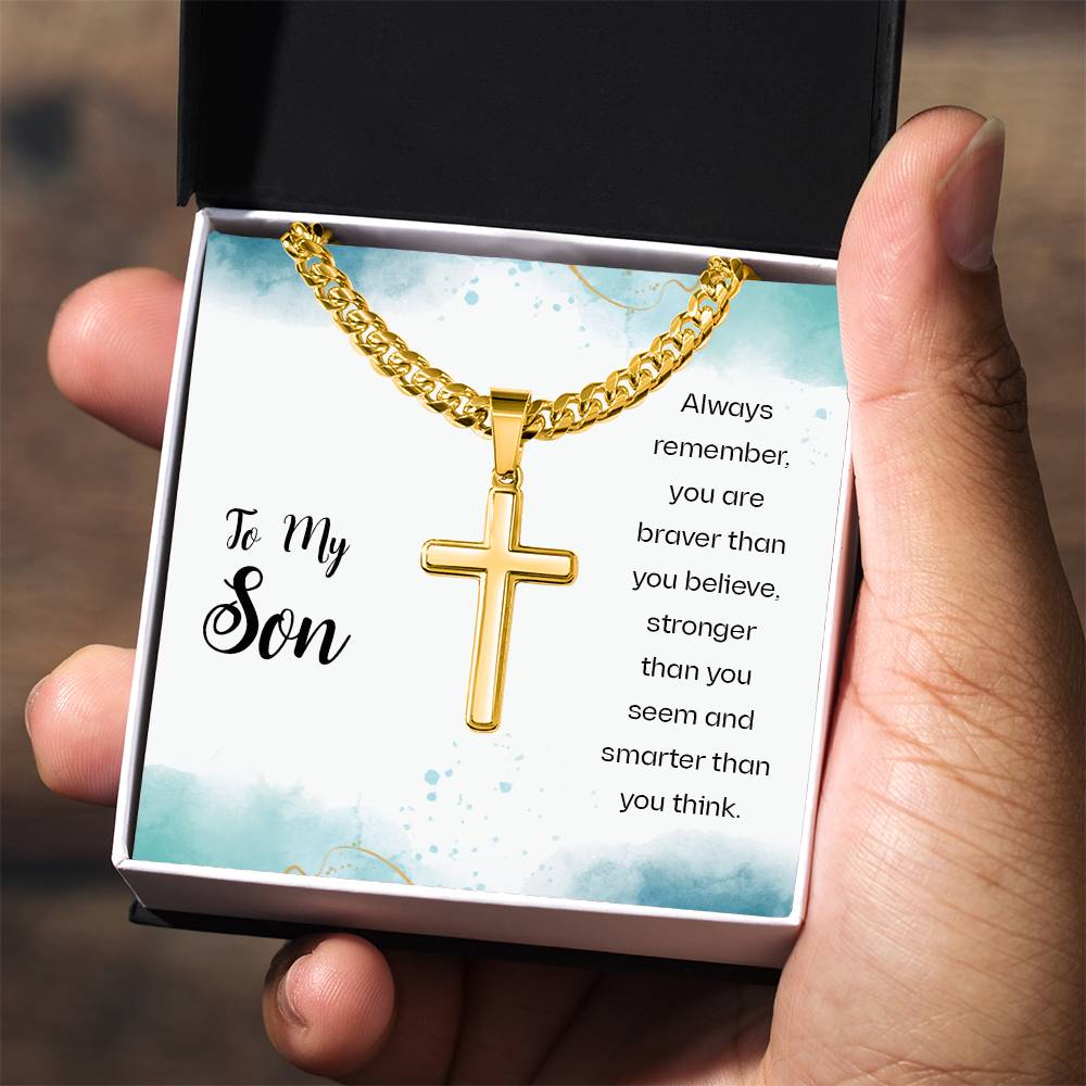 To My Son Necklace - Always Remember - Artisan Cross with Cuban Link Chain