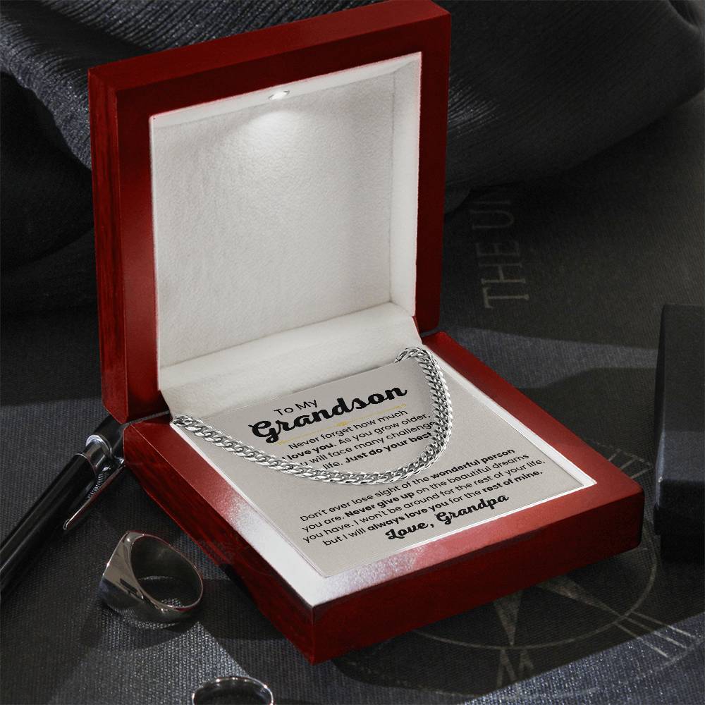 Grandson Necklace Gift from Grandpa, Birthday, Graduation & Christmas Jewelry - Cuban Link Chain