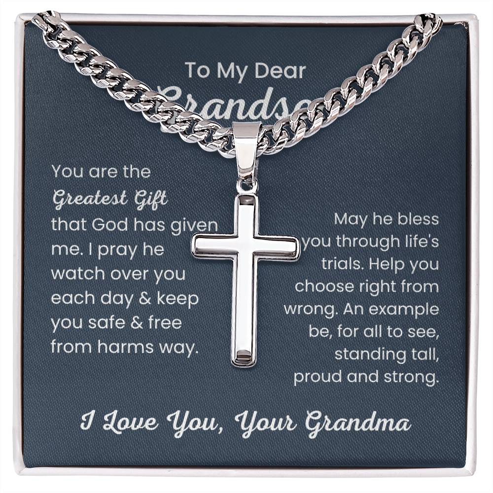 To Dear My Grandson - You are the greatest gift - Gift for Grandson from Grandma - Artisan Cross with Cuban Link Chain