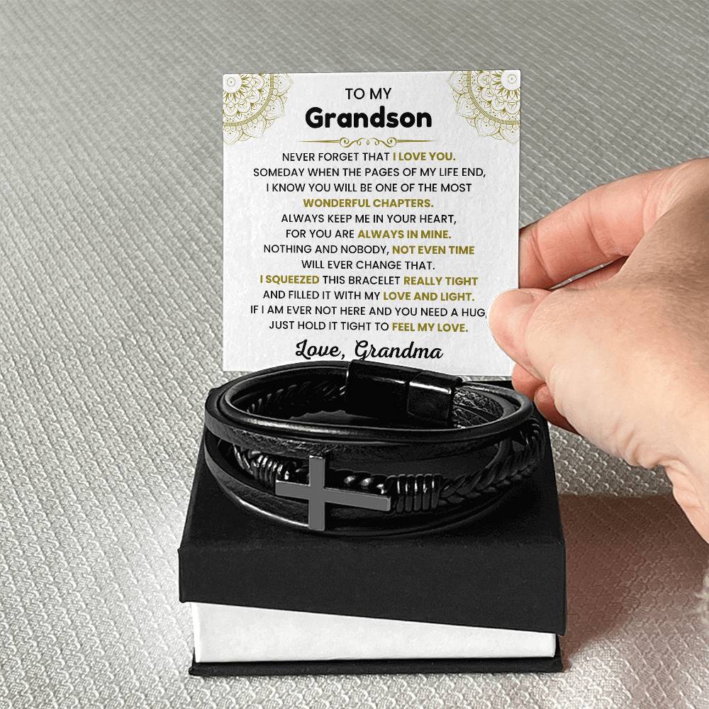 To My Grandson - Gift for Grandson from Grandma - Never forget that I love you - Men's Cross Bracelet