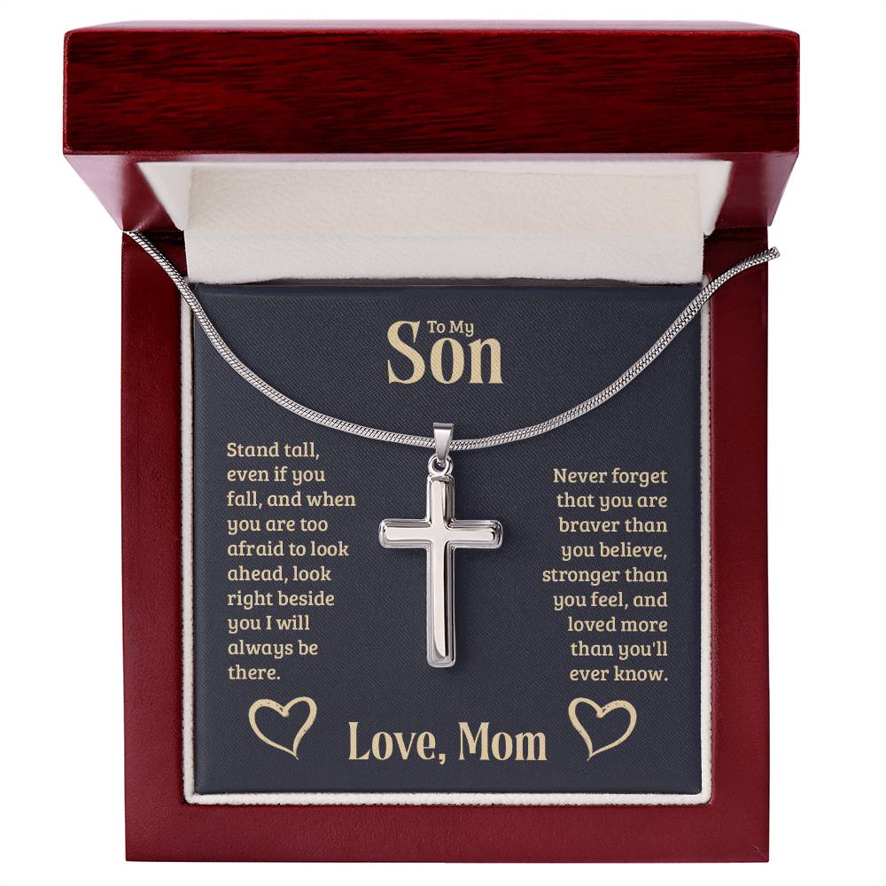To My Son - Gift for Son from Mom - You are braver than you believe - Artisan Cross Necklace