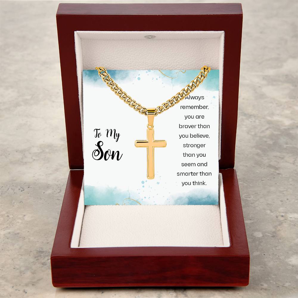 To My Son Necklace - Always Remember - Artisan Cross with Cuban Link Chain