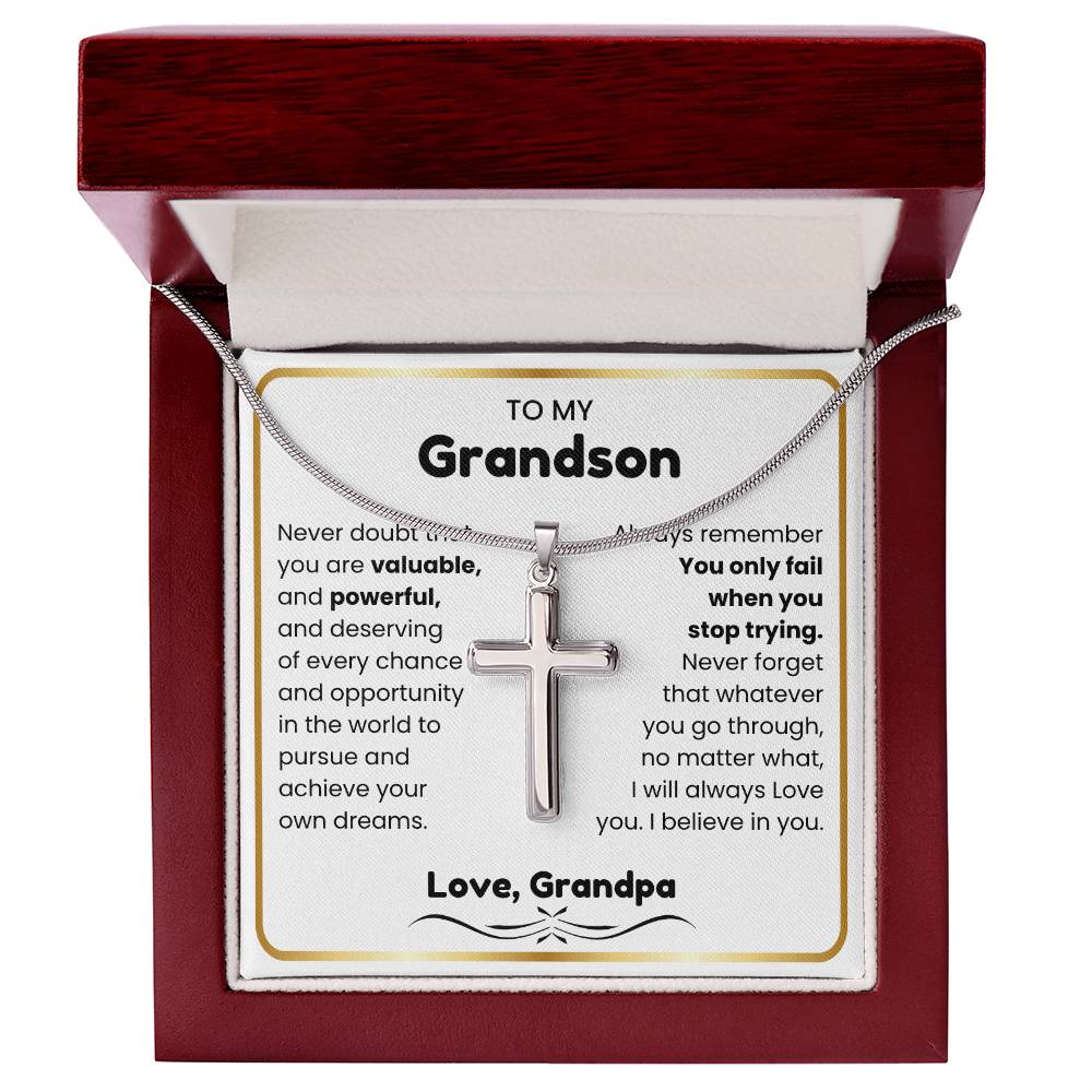 To My Grandson - I believe in you - Grandson Gift from Grandpa - Artisan Cross Necklace