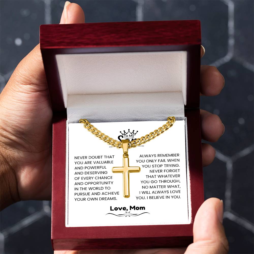 To My Son - Gift for Son from Mom - I will always love you - Artisan Cross with Cuban Link Chain