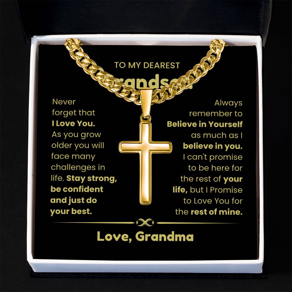 To My Grandson -  Grandson Gift from Grandma - As you grow older you will face many challenges in life - Artisan Cross with Cuban Link Chain