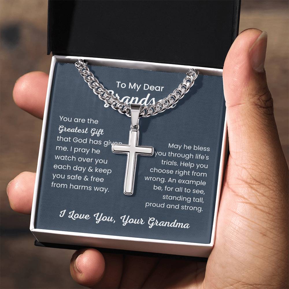 To Dear My Grandson - You are the greatest gift - Gift for Grandson from Grandma - Artisan Cross with Cuban Link Chain