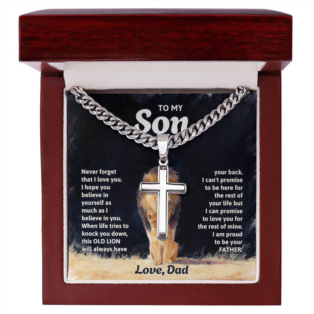 To My Son Necklace - Gift for Son from Dad - Never forget that I love you - Artisan Cross with Cuban Link Chain