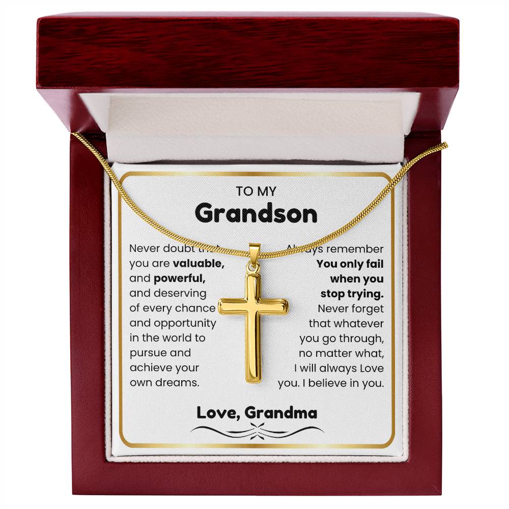 To My Grandson - I believe in you - Grandson Gift from Grandma - Artisan Cross Necklace