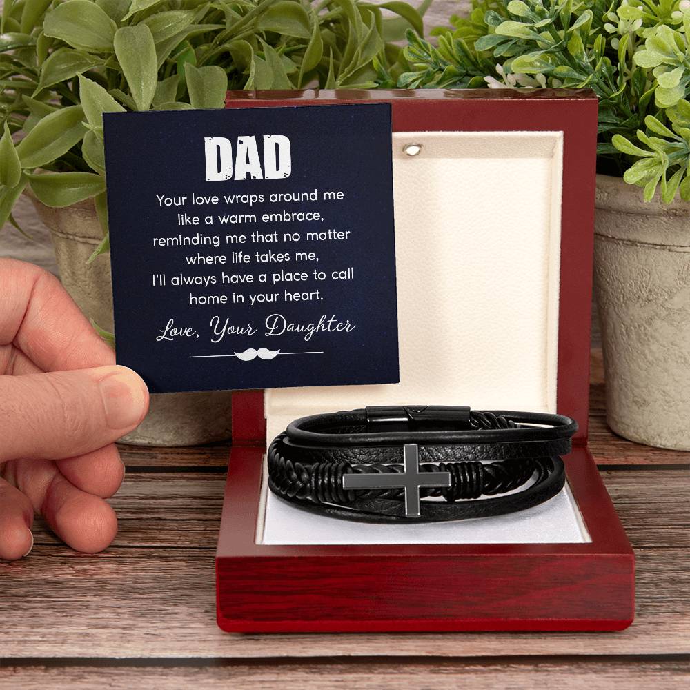 Gift for Dad from Daughter - Your love wraps around me like a warm embrace - Men's Cross Bracelet