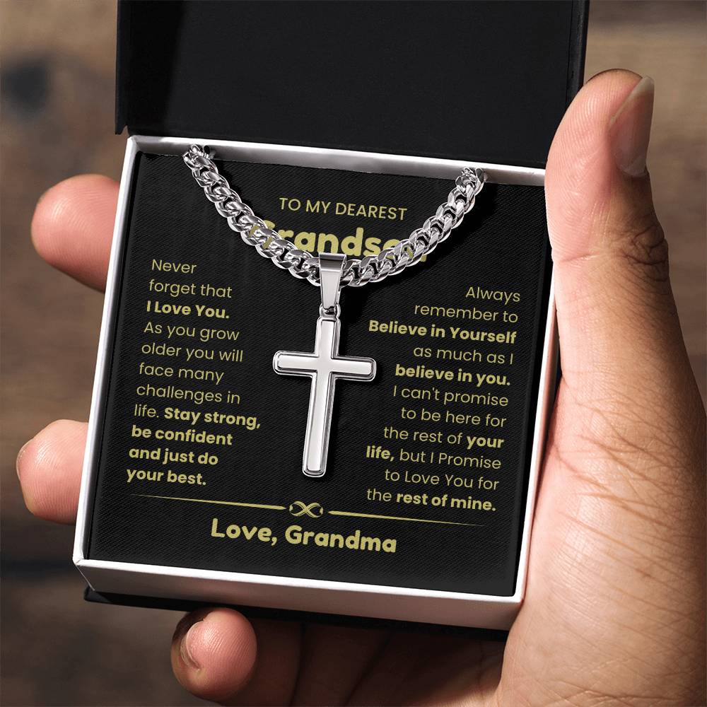 To My Grandson -  Grandson Gift from Grandma - As you grow older you will face many challenges in life - Artisan Cross with Cuban Link Chain