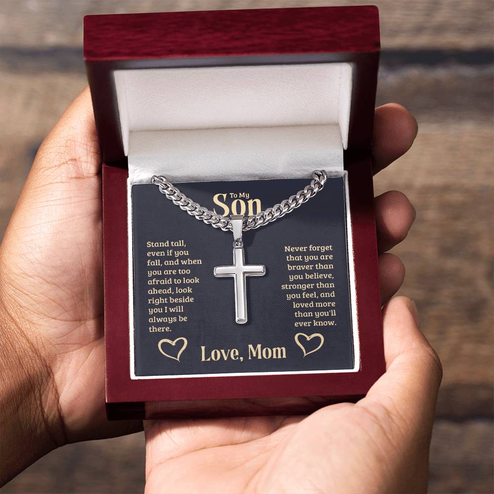 To My Son - Gift for Son from Mom - You are braver than you believe - Artisan Cross with Cuban Link Chain