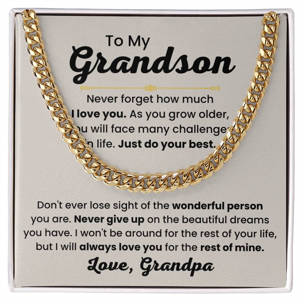 Grandson Necklace Gift from Grandpa, Birthday, Graduation & Christmas Jewelry - Cuban Link Chain