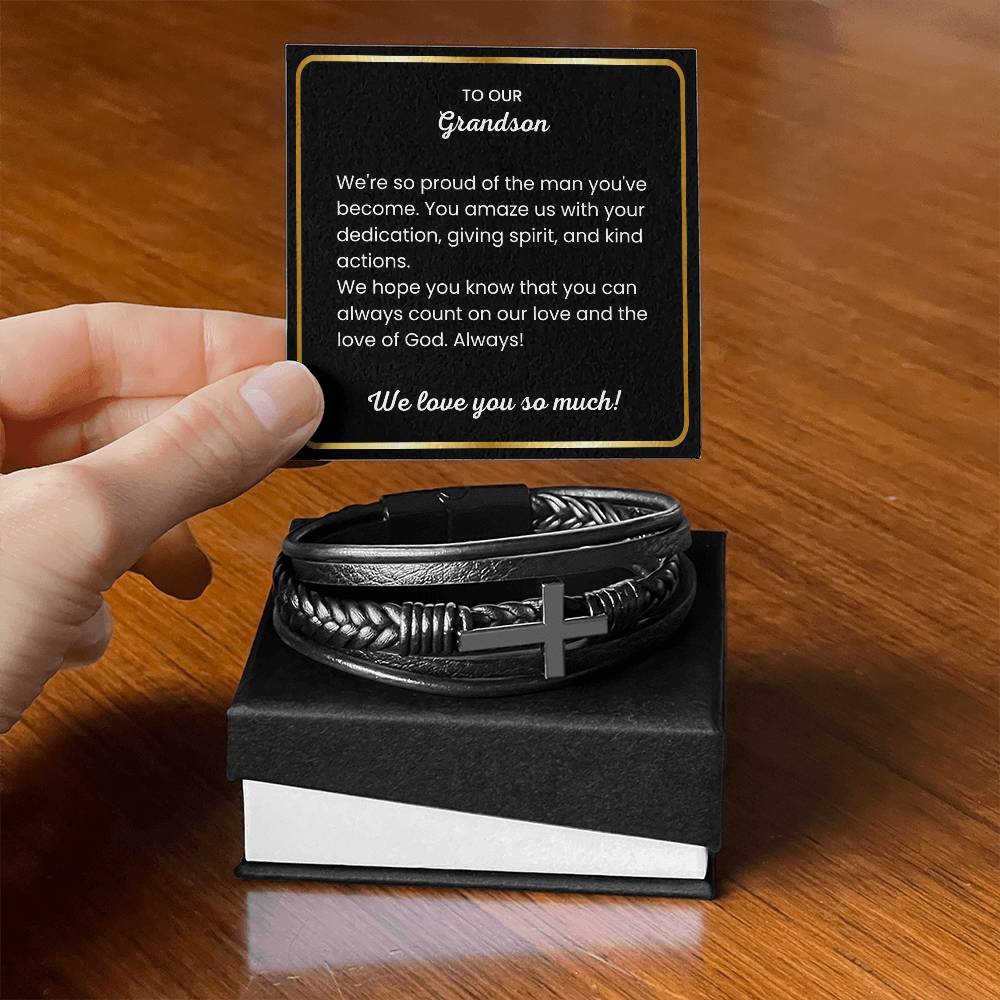 To Our Grandson – Holiday, Birthday, Graduation Gift – Men's Cross Bracelet