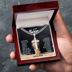 To My Son Necklace - Gift for Son from Dad - Never forget that I love you - Artisan Cross with Cuban Link Chain