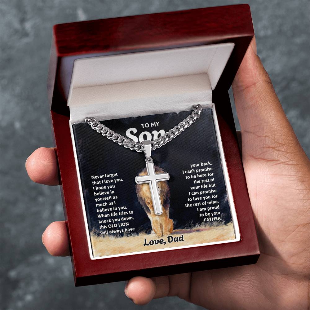 To My Son Necklace - Gift for Son from Dad - Never forget that I love you - Artisan Cross with Cuban Link Chain