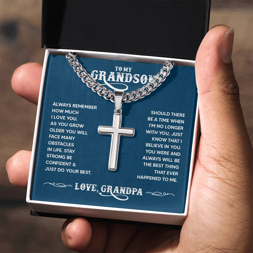 To My Grandson - Always remember how much I love you Artisan Cross with Cuban Link Chain