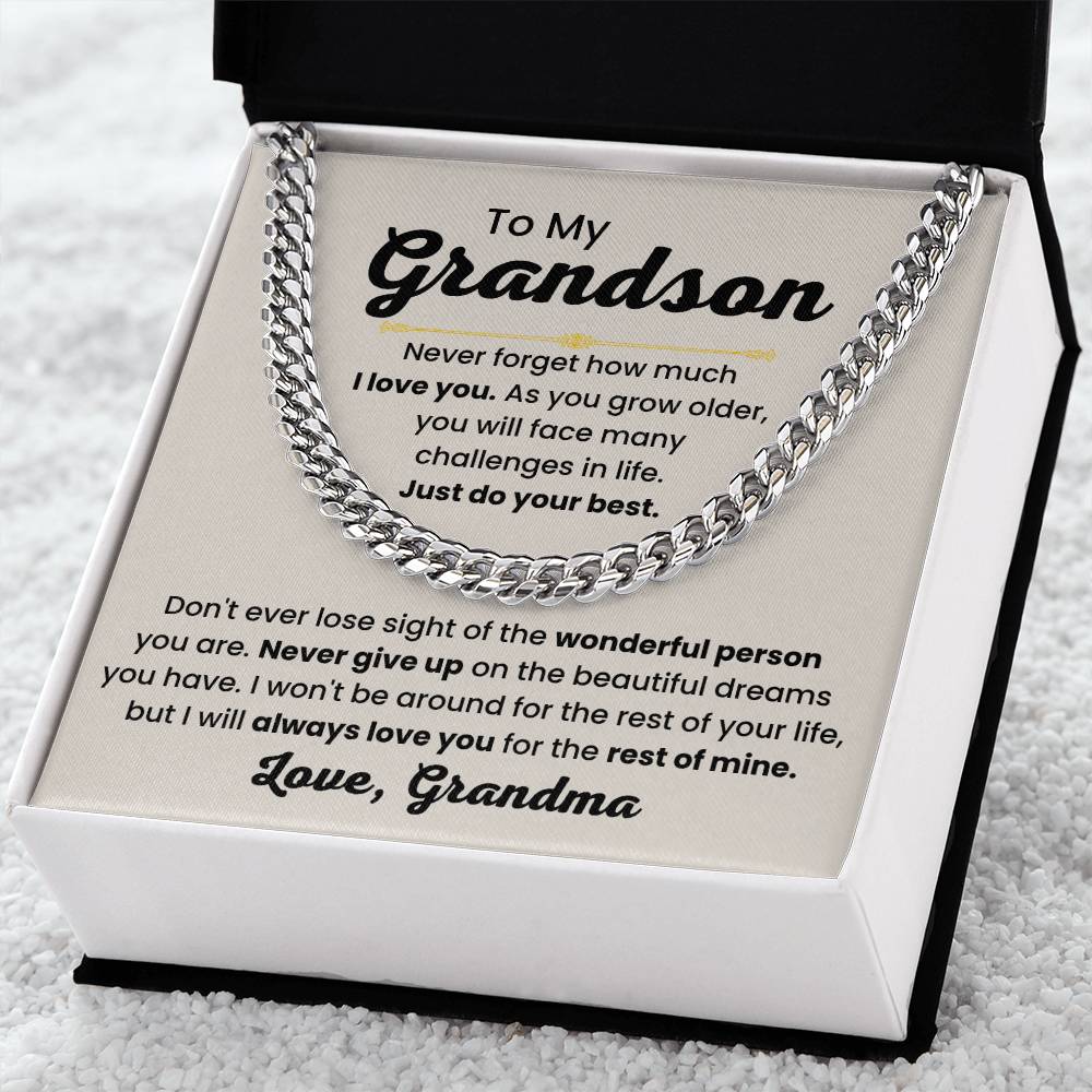 Grandson Necklace Gift from Grandma, Birthday, Graduation & Christmas Jewelry - Cuban Link Chain