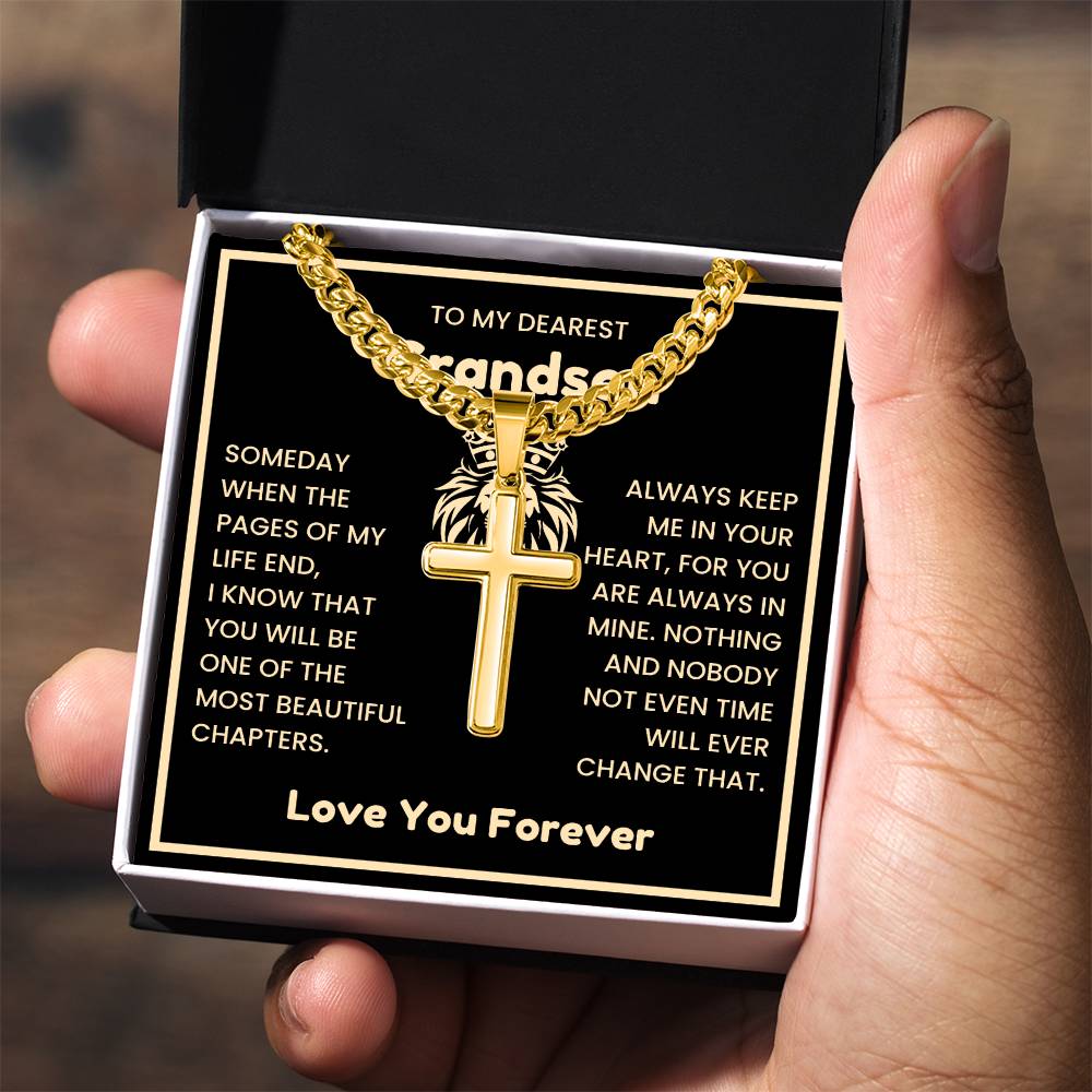 To My Dearest Grandson Necklace - Gift for Grandson - Always keep me in your heart - Artisan Cross with Cuban Link Chain
