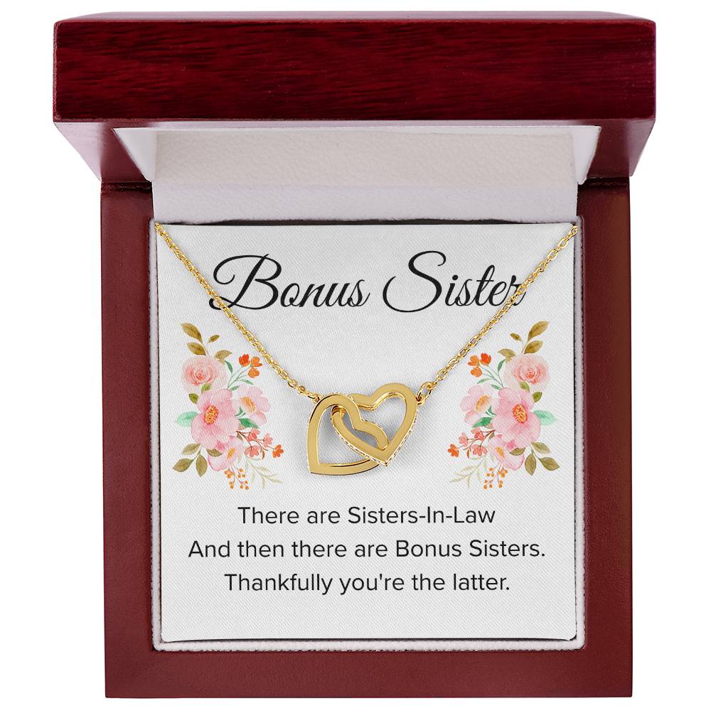 Gift for Bonus Sister - Thankfully You're the Latter - Interlocking Hearts Necklace